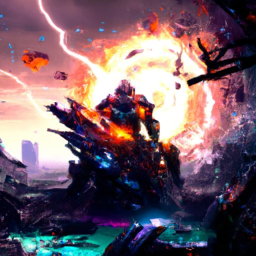 description: an intense scene from the halo series showing an armored character wielding a futuristic weapon, surrounded by explosions and chaos.