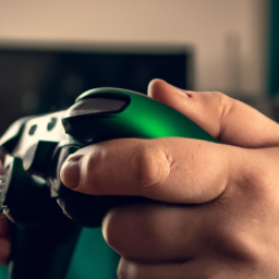 A person holding an Xbox controller and looking at the screen intently while playing a game.