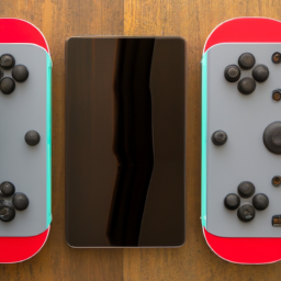 a photo of a nintendo switch console with its joy-con controllers attached lying on a wooden surface. the console's screen is on, displaying the nintendo logo.