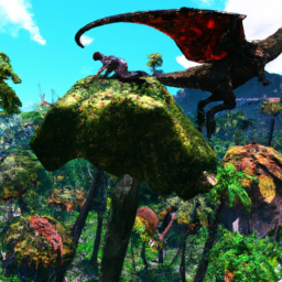 description (anonymous): an action-packed screenshot from ark: survival ascended featuring a player riding a dinosaur and battling against other creatures in a lush, vibrant environment.