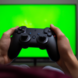 description: a person sitting in front of a tv screen with an xbox controller in their hand. the tv screen shows a game being played. the person's face is not visible.