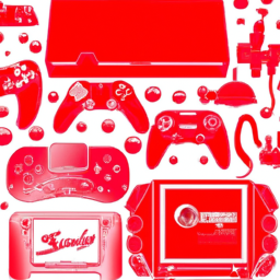 An illustration depicting a variety of Nintendo Switch games and accessories, including controllers, consoles, and games, all in various shades of red.