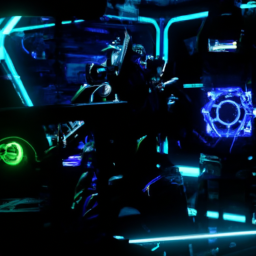 an image of the system shock remake's updated graphics, featuring a detailed, futuristic environment with neon lights and advanced technology, along with a menacing robotic enemy in the foreground.