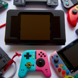 description: an image of a nintendo switch console with a variety of different game cartridges and controllers scattered around it.