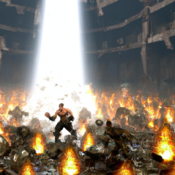 an action-packed screenshot from the quake 2 remaster showcasing the player character engaging in intense combat against a horde of enemies. the improved graphics highlight the detailed environments and realistic lighting effects, creating a visually stunning experience.