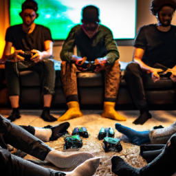 description: an anonymous image shows a group of gamers gathered around a television, holding xbox controllers and immersed in intense gameplay.
