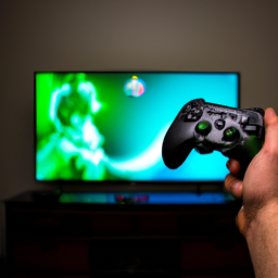 A man holding an Xbox controller in front of a TV with a game playing on the screen.