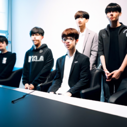 description: an anonymous image showing a group of esports players gathered for a press conference, including faker, the renowned league of legends player.