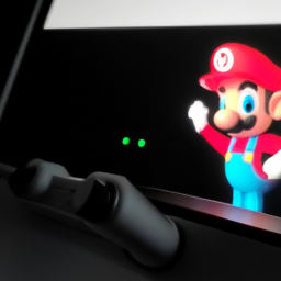 A bright red Nintendo Switch console with a Mario character on the screen.
