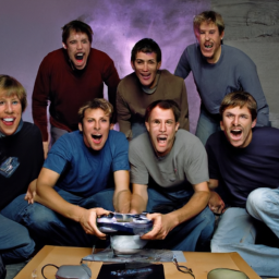 description: an image showing a group of gamers huddled together, eagerly playing the playstation 5, with excitement on their faces.