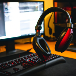 description: the image features a sleek gaming headset with a microphone attached. it is black and red in color, exuding a modern and stylish design. the headset is placed on a desk with a gaming setup in the background, including a computer monitor, keyboard, and mouse.