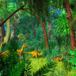 description: an image of a lush jungle with towering trees and a group of dinosaurs roaming in the distance. the vibrant colors and realistic details transport the viewer into the world of jurassic park.