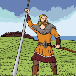 An image showing a Viking warrior standing in an open field with a sword in their hand.