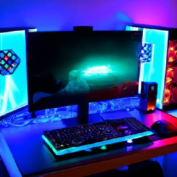 description: an anonymous image shows a minecraft player's gaming setup, featuring a vibrant led backdrop and a high-performance pc. the lighting effects synchronize with the player's actions in the game, creating an immersive experience. the set-up is a testament to the level of dedication and creativity that minecraft players bring to their gaming environments.