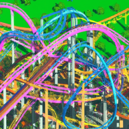 description: an anonymous image of a player's custom roller coaster in rollercoaster tycoon, featuring multiple loops and twists and a colorful, eye-catching design.