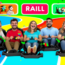 description: an image showcasing a group of friends playing mario kart 8 deluxe on the nintendo switch. they are seen laughing and having a great time while competing in a race on a colorful track.