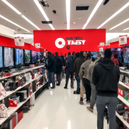 description: an image of a crowded electronics section in a target store during a black friday sale, with customers browsing through various gaming consoles, including the ps5.