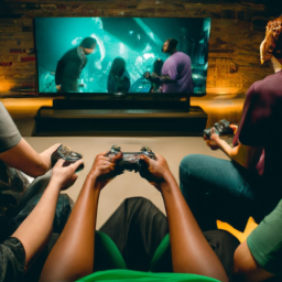 description: an image depicting a group of gamers gathered around a television screen with xbox controllers in hand, immersed in intense gameplay.