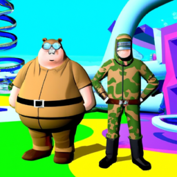 description: a leaked image shows two new characters in fortnite, one resembling solid snake from metal gear solid and the other resembling peter griffin from family guy. the characters are standing in a vibrant environment with various fortnite elements and structures in the background.