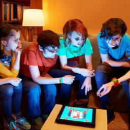 description: an image showcasing a group of players gathered around a nintendo switch console, engrossed in a game of among us. the suspenseful atmosphere is evident on their faces as they try to uncover the impostor among them. the colorful and vibrant visuals of the game's artwork are displayed on the screen, adding to the excitement and intrigue.
