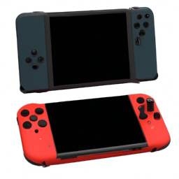 description: an image of a compact handheld gaming console, resembling the nintendo switch, but smaller in size. it features detachable controllers on the sides and a built-in screen.