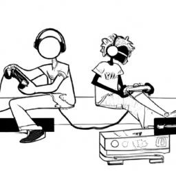 A black and white illustration of two gamers, one on an Xbox and one on a PS5, connected via Discord.