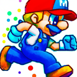 A colorful image of a cartoon character in a red cap and blue overalls, running through a vibrant world of bright colors. Category: Nintendo