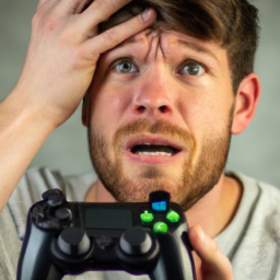 description: a person holding an xbox controller, looking at the screen with a frustrated expression.