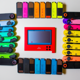 description: an anonymous image featuring a colorful nintendo switch console with a variety of game cartridges neatly arranged beside it.