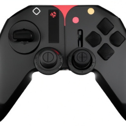 Description: An anonymous image of a Nintendo Switch controller with interchangeable faceplates and removable thumbsticks and D-pad. The controller is black with red accents, and the faceplate has a geometric design.
