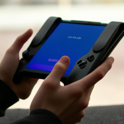 a person holding a handheld gaming device with an 8-inch screen, which is the new project q from sony. the device has a sleek design with a black finish and features all the functions of the dualsense controller. the person is seen playing a game with the device, showing off its immersive features.