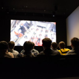 description: an anonymous image shows a group of excited gamers eagerly watching a presentation on a large screen.