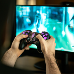 A close up of two hands holding a gaming controller in front of a computer monitor with a game on the screen.