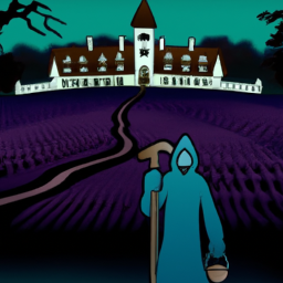description: A skeletal figure, cloaked in a dark, hooded robe, carries a scythe for harvesting souls. In the background, a haunted mansion looms in the distance. The image captures the dark and spooky setting of Have a Nice Death.