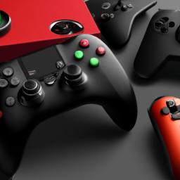 description: a promotional image showcasing various xbox one controllers, including a sleek black controller and a vibrant red controller. the controllers are displayed against a backdrop of a gaming setup with a large screen and other gaming accessories. the image showcases the versatility and style of these discounted xbox one controllers.