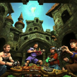 description: an image of a group of diverse players engaged in cooperative gameplay, each holding a different gaming controller. they are shown strategizing and exploring a vibrant fantasy world filled with monsters and treasures. the image captures the excitement and camaraderie of multiplayer gaming, highlighting the potential for cross-platform co-op in baldur's gate 3.