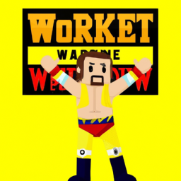 A colorful, cartoon-style character wearing a wrestling costume, standing in front of a bright yellow sign featuring the WWE 2K22 logo.