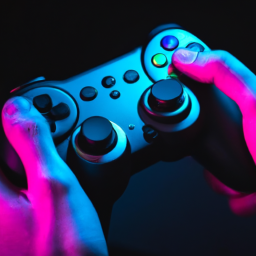description: a photo of a person holding an xbox controller, immersed in a gaming session. the controller features a unique design with vibrant colors and buttons illuminated by led lights. the player is fully engaged in the game, showcasing the immersive experience that the xbox controller provides.