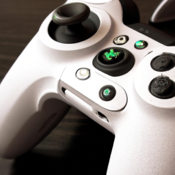 description: a white and gray xbox controller with black accents, sitting on a table. the controller has a textured grip and a 3.5mm headphone jack.