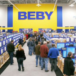 description: an image of a crowded best buy store with aisles filled with various electronics and customers browsing the shelves.