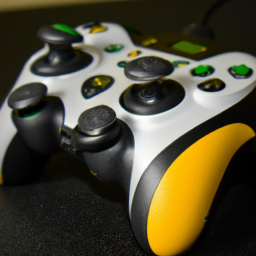 description: an xbox controller with a black and yellow color scheme, with paddles on the back and textured grips on the handles. the controller is sitting on a table with a black background.