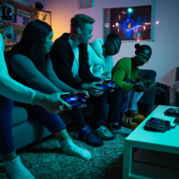 description: an image showing a diverse group of gamers playing xbox consoles together, immersed in the gaming experience.