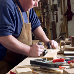 description: a carpenter working with wood, surrounded by various hand tools.