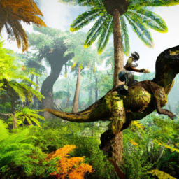 description: an anonymous image showing a player riding a dinosaur through a lush, vibrant jungle. the player is equipped with advanced armor and weaponry, indicating the game's advanced features and progression. the image captures the excitement and adventure of ark: survival ascended.