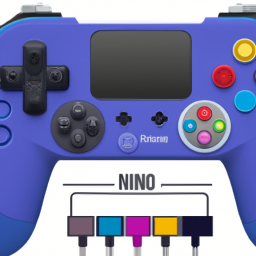 an indigo-colored controller with a unique button layout and ergonomic design, featuring a nintendo logo and various buttons and triggers. it is connected to a nintendo switch console.