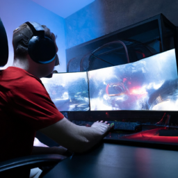 description (anonymous): an image of a gaming setup with a powerful gaming pc, a large curved monitor displaying a highly immersive game, and a gamer wearing headphones, fully immersed in the gaming experience.