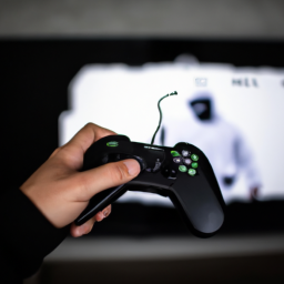 description: an anonymous image shows a person holding a game controller, with a television screen displaying a classic xbox game. the person's face is not visible.