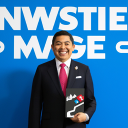 a man in a suit, presumably the president of nintendo, stands in front of a large banner with the company's logo. he is smiling and appears to be holding a switch console in his hand.