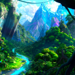 An anonymous image featuring a lush jungle with vibrant colors, towering mountains, and a winding river network. The image showcases the breathtaking visuals of Avatar: Frontiers of Pandora.