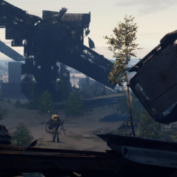 description: an intense screenshot from the game featuring a heavily armed character navigating a desolate, war-ridden landscape. the character is cautiously moving through debris and ruins, with a sense of danger and tension in the air. the image captures the immersive and realistic atmosphere of escape from tarkov's gameplay.